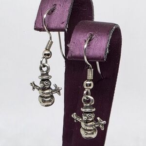 Vintage Handmade Sterling Silver Snowman Snowmen Dangle Drop Earrings